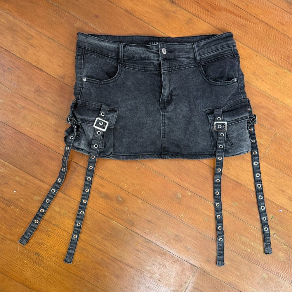 Y2K Black Denim Cargo Mini Skirt Grommet Garter Straps Grunge Jr XL